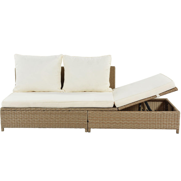 3 PCS Outdoor Patio All Weather Rattan PE Wicker Sectional Set with Adjustable Chaise Lounge Frame and Tempered Glass Table, Natural Brow nand Beige Cushion