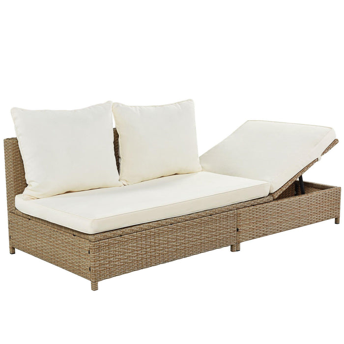 3 PCS Outdoor Patio All Weather Rattan PE Wicker Sectional Set with Adjustable Chaise Lounge Frame and Tempered Glass Table, Natural Brow nand Beige Cushion