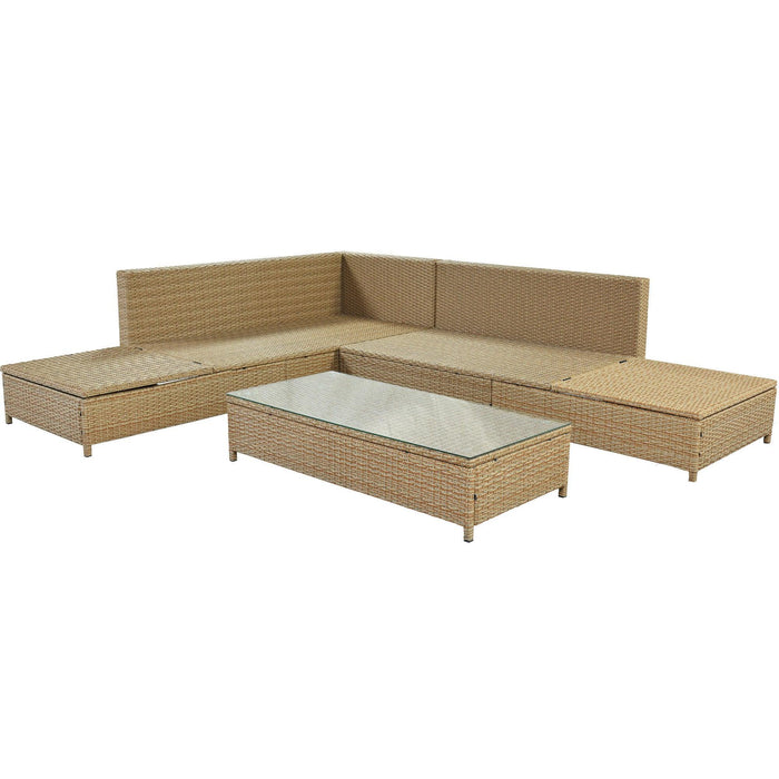 3 PCS Patio RattanAll Weather PE Wicker Sectional Set with Adjustable Chaise Lounge Frame and Tempered Glass Table, Natural Brown and Beige Cushion