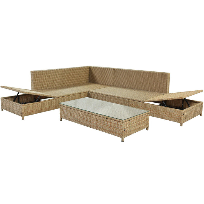 3 PCS Outdoor Patio All Weather Rattan PE Wicker Sectional Set with Adjustable Chaise Lounge Frame and Tempered Glass Table, Natural Brow nand Beige Cushion