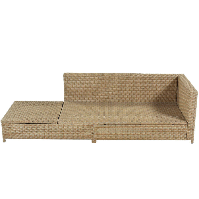 3 PCS Outdoor Patio All Weather Rattan PE Wicker Sectional Set with Adjustable Chaise Lounge Frame and Tempered Glass Table, Natural Brow nand Beige Cushion