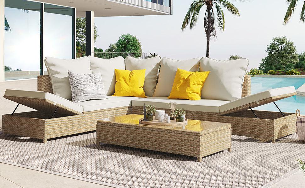 3 PCS Outdoor Patio All Weather Rattan PE Wicker Sectional Set with Adjustable Chaise Lounge Frame and Tempered Glass Table, Natural Brow nand Beige Cushion