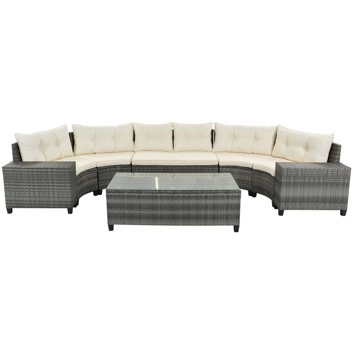 8 PCS Outdoor All Weather Wicker Rattan Half-Moon Sectional Set with Coffee Table and Movable Beige Cushions