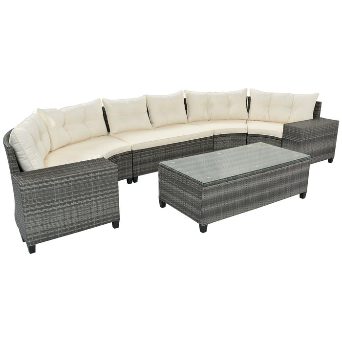 8 PCS Outdoor All Weather Wicker Rattan Half-Moon Sectional Set with Coffee Table and Movable Beige Cushions