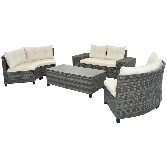 8 PCS Outdoor All Weather Wicker Rattan Half-Moon Sectional Set with Coffee Table and Movable Beige Cushions