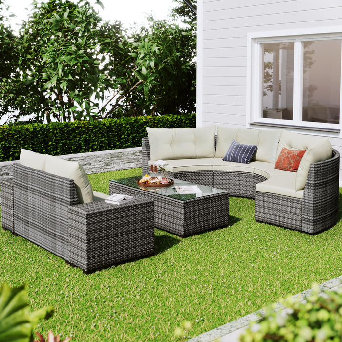 8 PCS Outdoor All Weather Wicker Rattan Half-Moon Sectional Set with Coffee Table and Movable Beige Cushions