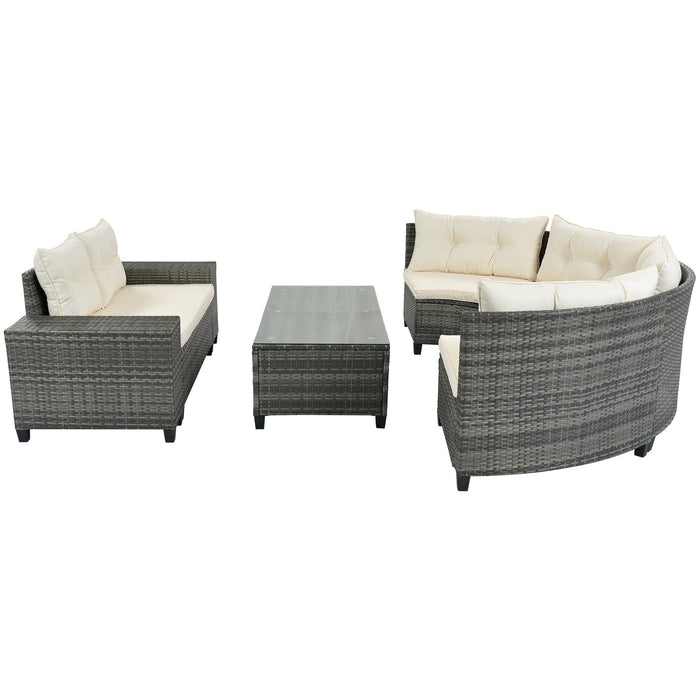 8 PCS Outdoor All Weather Wicker Rattan Half-Moon Sectional Set with Coffee Table and Movable Beige Cushions