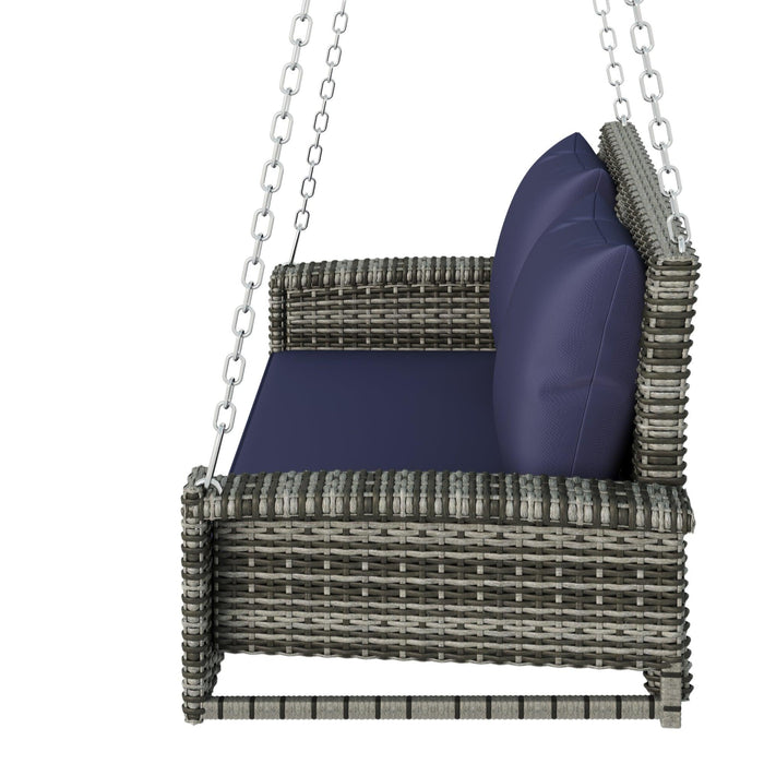 2-Person Gray Wicker Hanging Porch Swing with Chains, Blue Cushions and Pillows