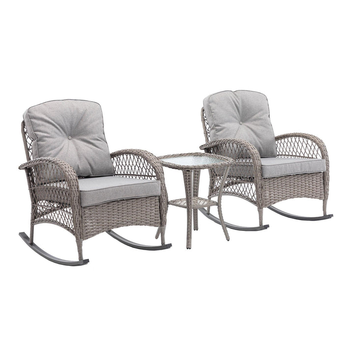 3 PCS Outdoor FurnitureModern Wicker Rattan Rocking Chair Set with Gray Cushion