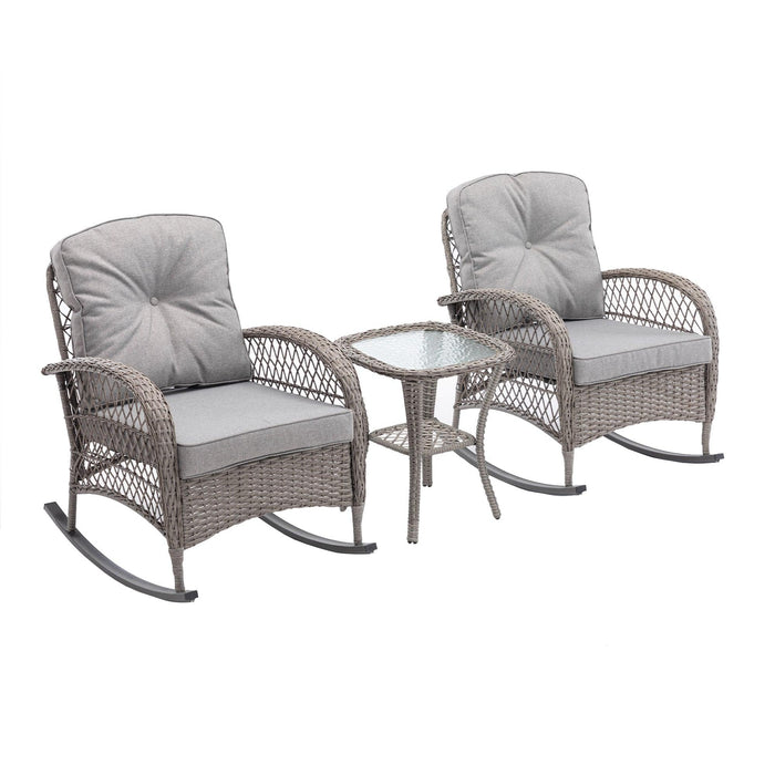 3 PCS Outdoor FurnitureModern Wicker Rattan Rocking Chair Set with Gray Cushion