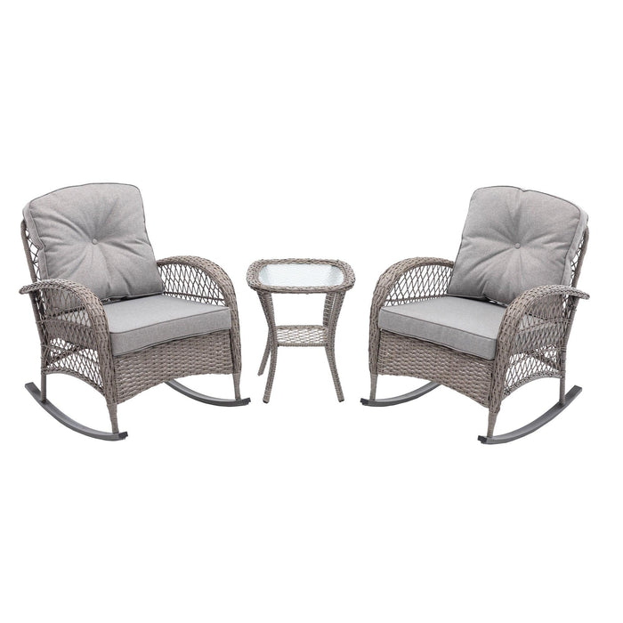 3 PCS Outdoor FurnitureModern Wicker Rattan Rocking Chair Set with Gray Cushion