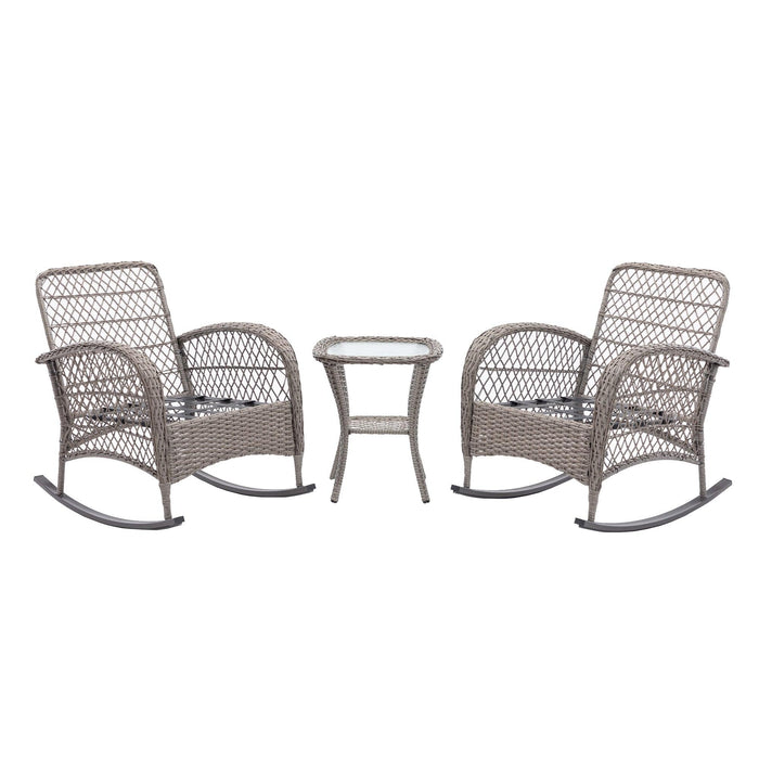 3 PCS Outdoor FurnitureModern Wicker Rattan Rocking Chair Set with Gray Cushion