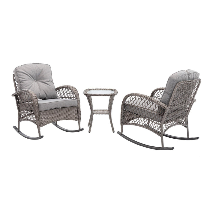 3 PCS Outdoor FurnitureModern Wicker Rattan Rocking Chair Set with Gray Cushion