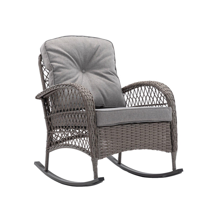 3 PCS Outdoor FurnitureModern Wicker Rattan Rocking Chair Set with Gray Cushion