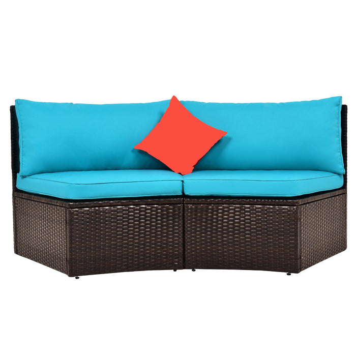 4 PCS Outdoor Patio Half-Moon Sectional Furniture Wicker Sofa Set with Two Pillows, Coffee Table, and Blue Cushions