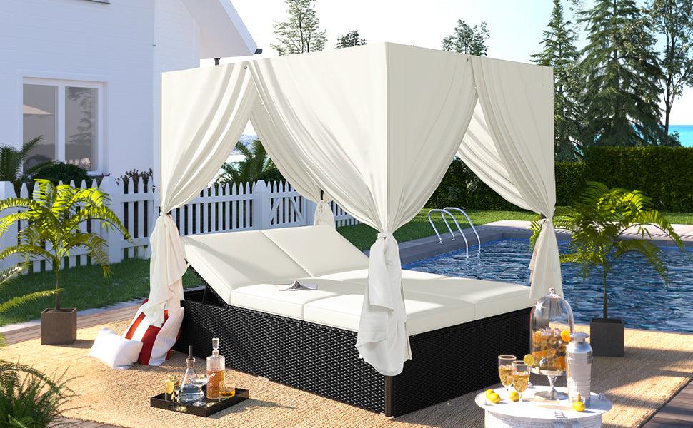 Outdoor Patio Wicker Sunbed Daybed with Cushions and Adjustable Seats - Beige Cushions