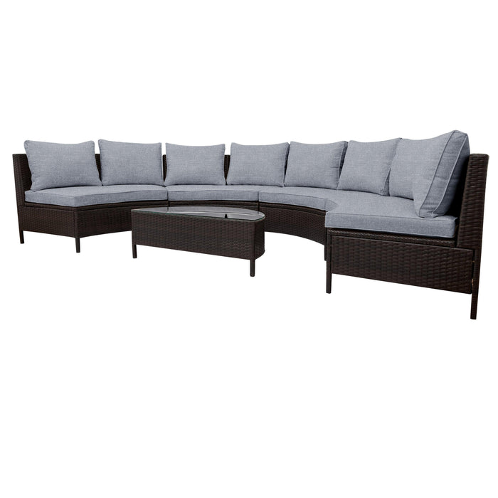 5 PCS Outdoor Patio All-Weather Brown PE Rattan Wicker Half-Moon Sectional Sofa Set with Tempered Glass Table and Gray Cushions