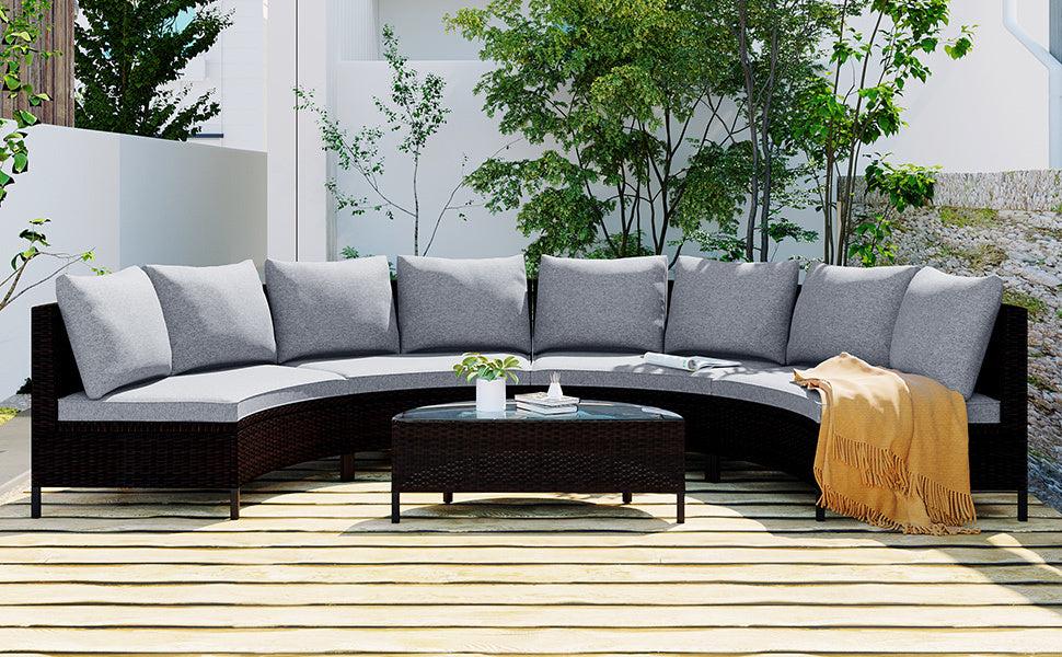 5 PCS Outdoor Patio All-Weather Brown PE Rattan Wicker Half-Moon Sectional Sofa Set with Tempered Glass Table and Gray Cushions