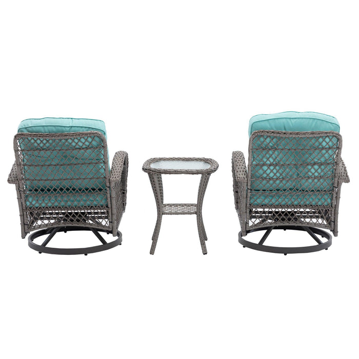 3 PCS Outdoor PatioModern Wicker Set with Table, Swivel Base Chairs and Blue Cushions