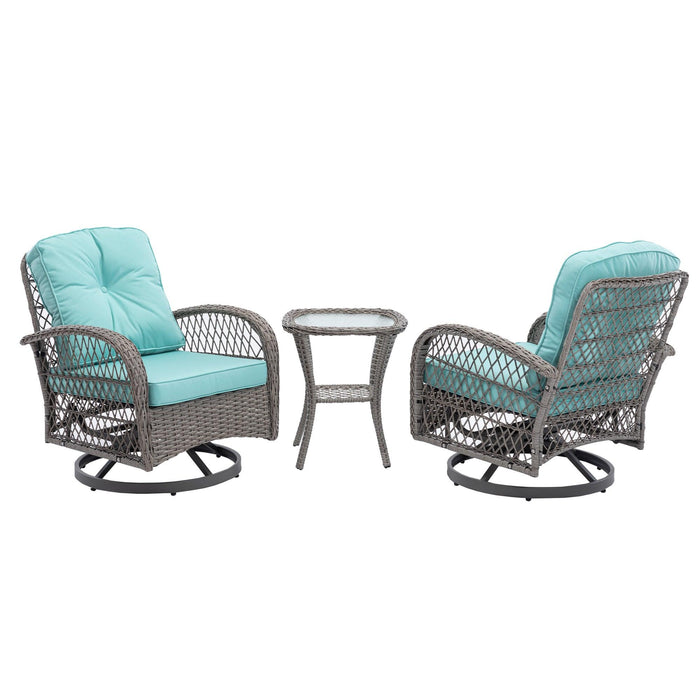 3 PCS Outdoor PatioModern Wicker Set with Table, Swivel Base Chairs and Blue Cushions