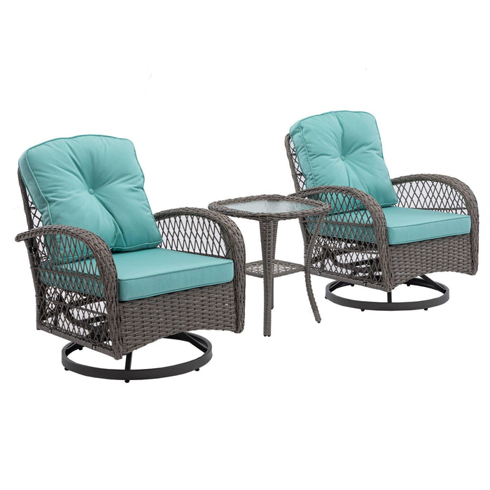 3 PCS Outdoor PatioModern Wicker Set with Table, Swivel Base Chairs and Blue Cushions