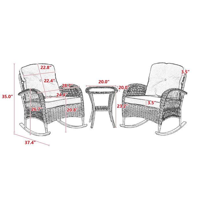 3 PCS Outdoor FurnitureModern Wicker Rattan Rocking Chair Set with Navy Blue Cushion