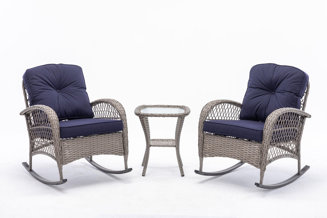 3 PCS Outdoor FurnitureModern Wicker Rattan Rocking Chair Set with Navy Blue Cushion