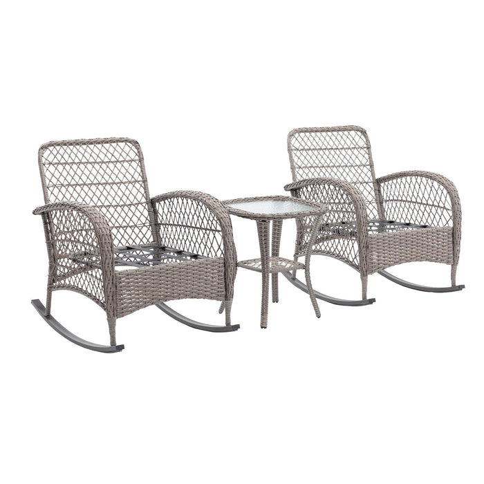 3 PCS Outdoor FurnitureModern Wicker Rattan Rocking Chair Set with Navy Blue Cushion