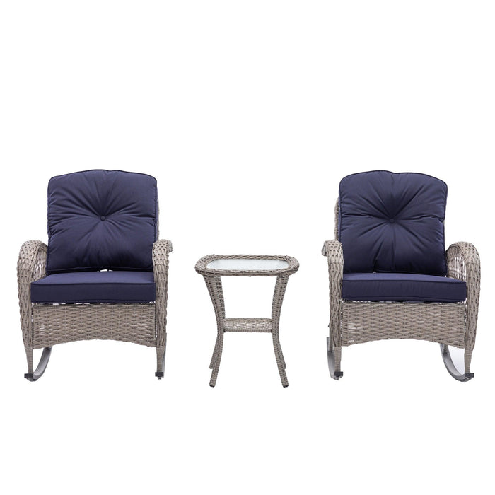 3 PCS Outdoor FurnitureModern Wicker Rattan Rocking Chair Set with Navy Blue Cushion