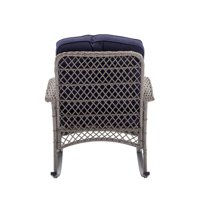 3 PCS Outdoor FurnitureModern Wicker Rattan Rocking Chair Set with Navy Blue Cushion