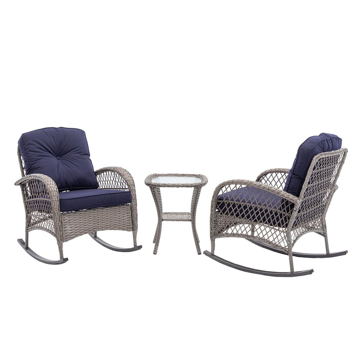 3 PCS Outdoor FurnitureModern Wicker Rattan Rocking Chair Set with Navy Blue Cushion