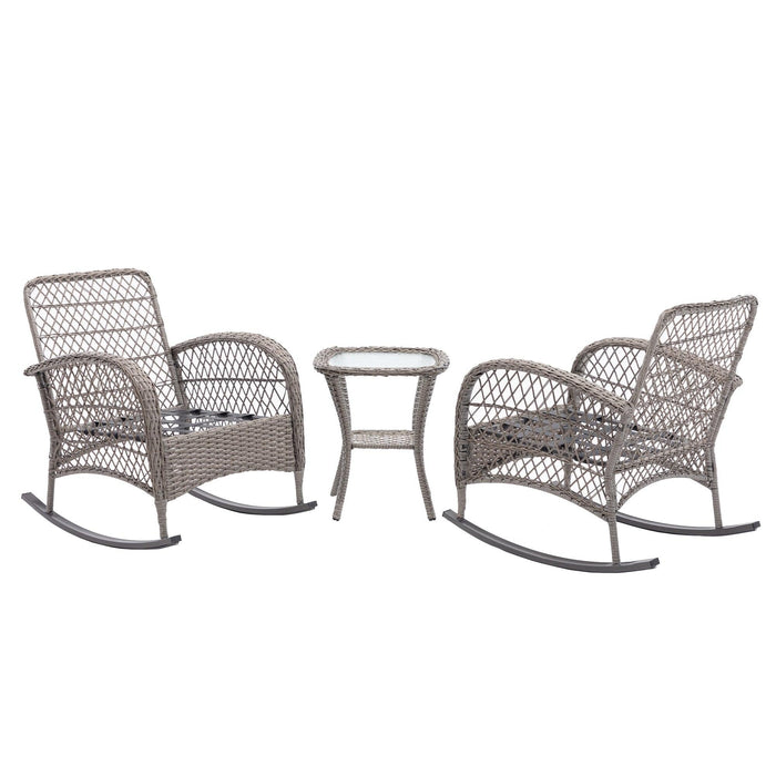 3 PCS Outdoor FurnitureModern Wicker Rattan Rocking Chair Set with Navy Blue Cushion