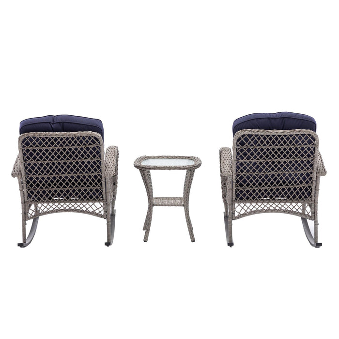 3 PCS Outdoor FurnitureModern Wicker Rattan Rocking Chair Set with Navy Blue Cushion