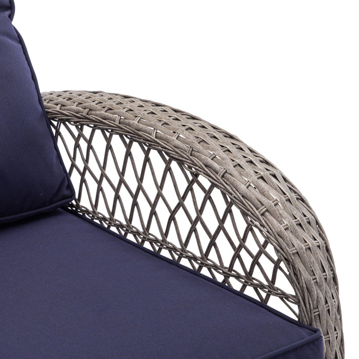 3 PCS Outdoor FurnitureModern Wicker Rattan Rocking Chair Set with Navy Blue Cushion