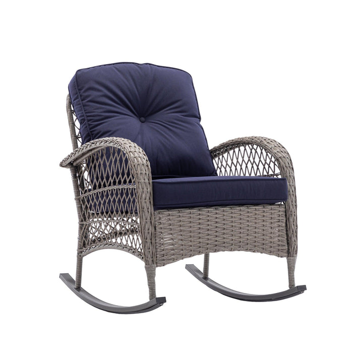 3 PCS Outdoor FurnitureModern Wicker Rattan Rocking Chair Set with Navy Blue Cushion