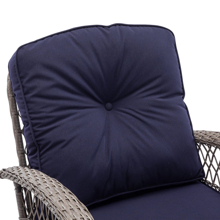 3 PCS Outdoor FurnitureModern Wicker Rattan Rocking Chair Set with Navy Blue Cushion