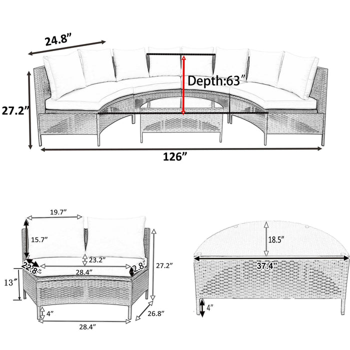 5 PCS Outdoor Patio All-Weather Brown PE Rattan Wicker Half-Moon Sectional Sofa Set with Tempered Glass Table and Gray Cushions