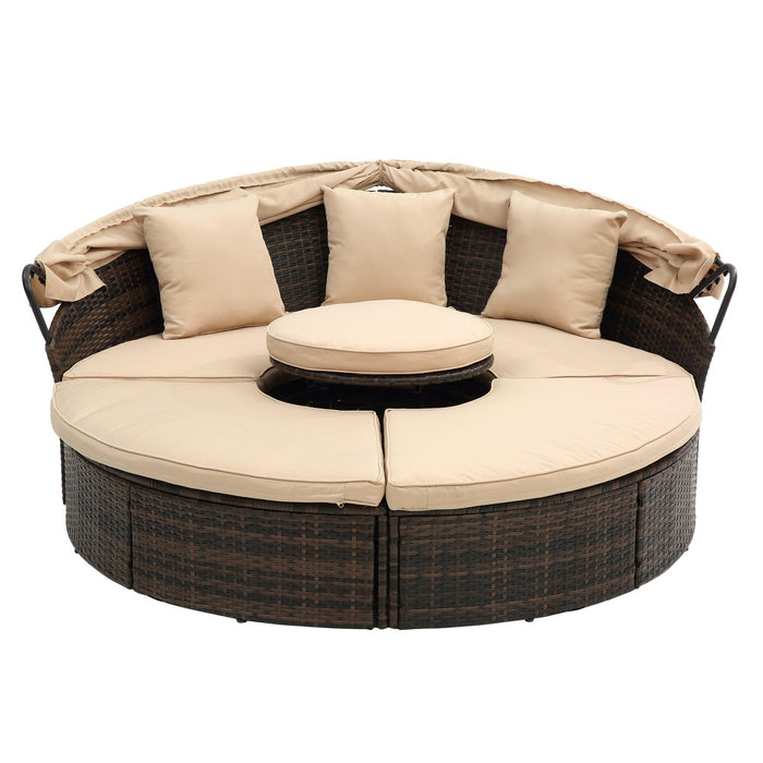 Wicker Rattan Round Lounge With Canopy, Lifted Coffee Table and Beige Cushions