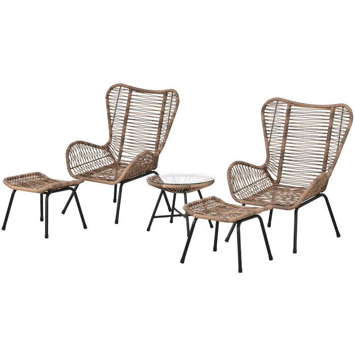 5 PCS Outdoor Patio PE Wicker Arm Chairs with Stools and Tempered Glass Tea Table - Natural Rattan and Dark Gray