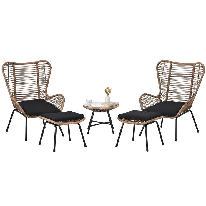 5 PCS Outdoor Patio PE Wicker Arm Chairs with Stools and Tempered Glass Tea Table - Natural Rattan and Dark Gray