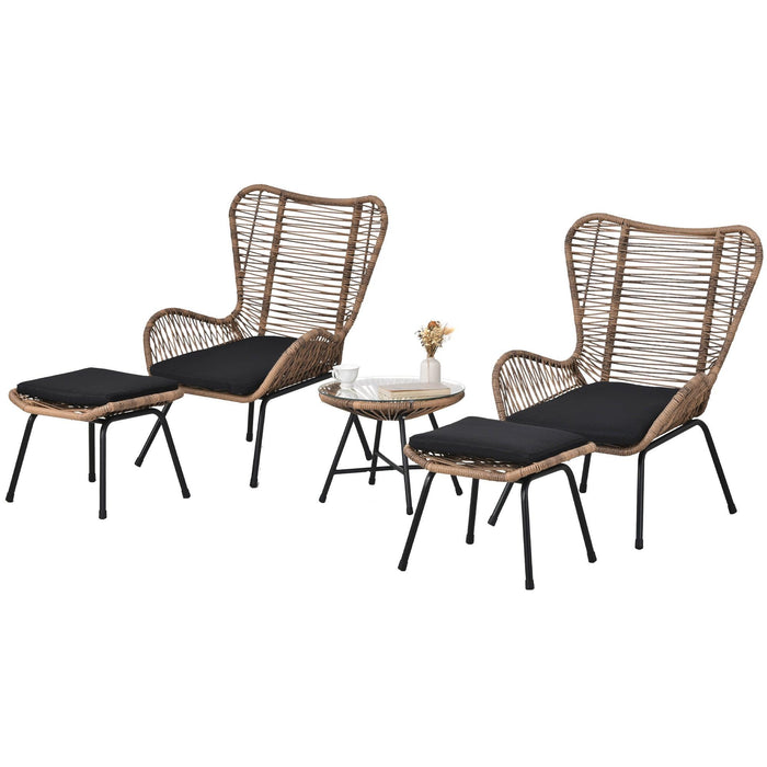 5 PCS Outdoor Patio PE Wicker Arm Chairs with Stools and Tempered Glass Tea Table - Natural Rattan and Dark Gray