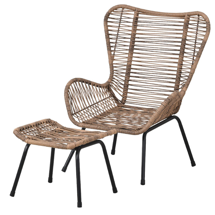 5 PCS Outdoor Patio PE Wicker Arm Chairs with Stools and Tempered Glass Tea Table - Natural Rattan and Dark Gray