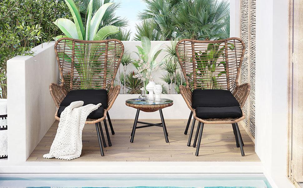 5 PCS Outdoor Patio PE Wicker Arm Chairs with Stools and Tempered Glass Tea Table - Natural Rattan and Dark Gray