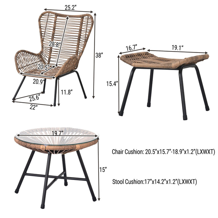 5 PCS Outdoor Patio PE Wicker Arm Chairs with Stools and Tempered Glass Tea Table - Natural Rattan and Dark Gray