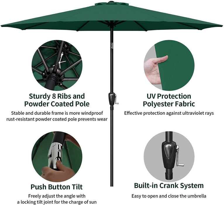 Deluxe 9ft Outdoor Umbrella with Button Tilt, Crank and 8 Sturdy Ribs - Green