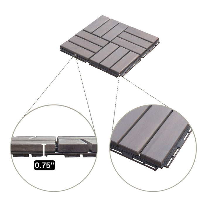 10 PCS Outdoor Light Gray Square Acacia Hardwood 12" x 12" Interlocking Deck Tiles Checker Pattern