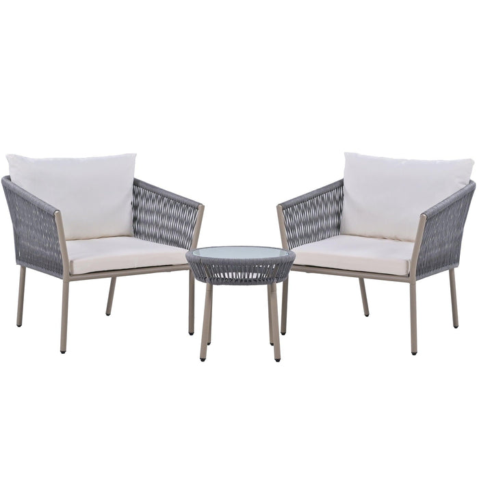 2PCS Luxury Rattan Outdoor Seating Set Including 2 Armchairs and Coffee Table with Beige Cushions and Gray Rattan