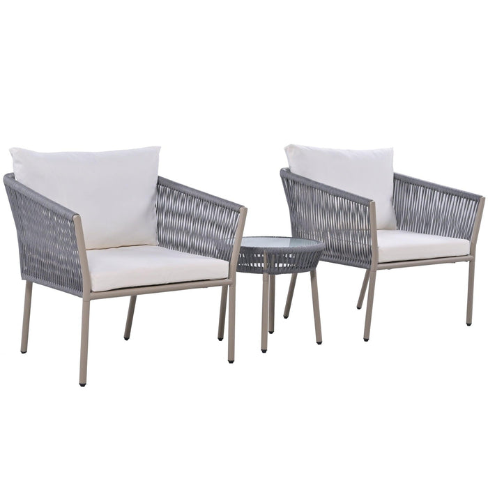 2PCS Luxury Rattan Outdoor Seating Set Including 2 Armchairs and Coffee Table with Beige Cushions and Gray Rattan