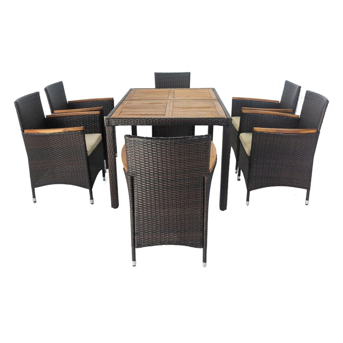 7 PCS Outdoor Patio Wicker Rattan Dining Furniture Set with Acacia Wood Top and Brown Wicker