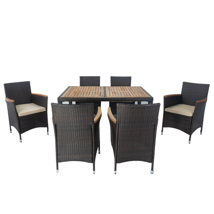 7 PCS Outdoor Patio Wicker Rattan Dining Furniture Set with Acacia Wood Top and Brown Wicker